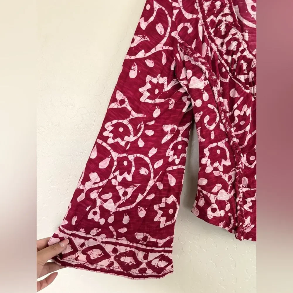 Free People On the Block Bell Sleeve Boho Patterned Top Berry Combo Medium